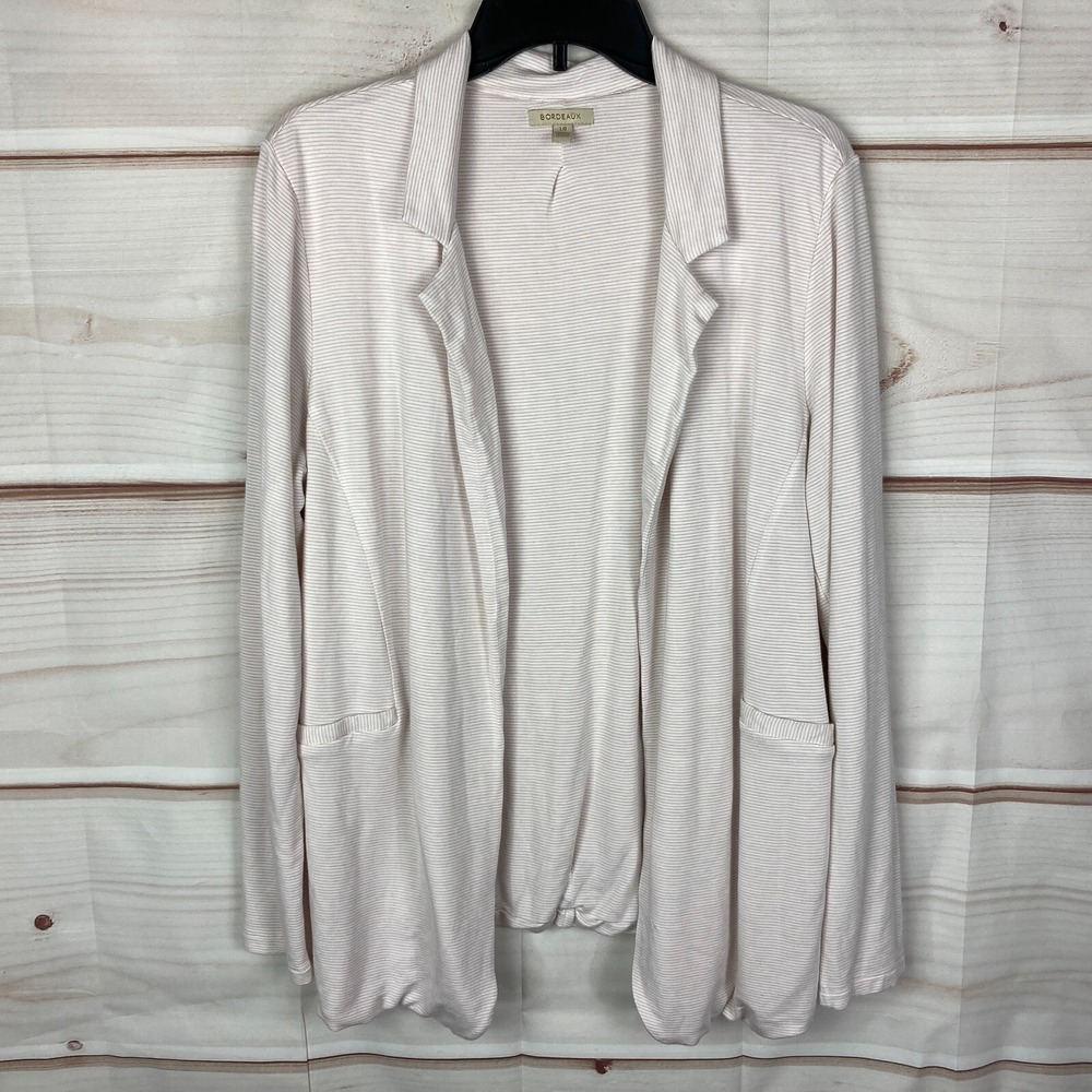 Bordeaux Sweater Womens L Pink Pinstripe Jersey Knit Cardigan Open Front Collar